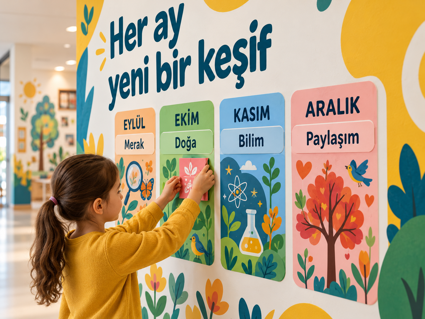 “Her ay yeni bir keşif” aylık tema panosuna kart yerleştiren öğrenci — Okul Tasarımcısı 365